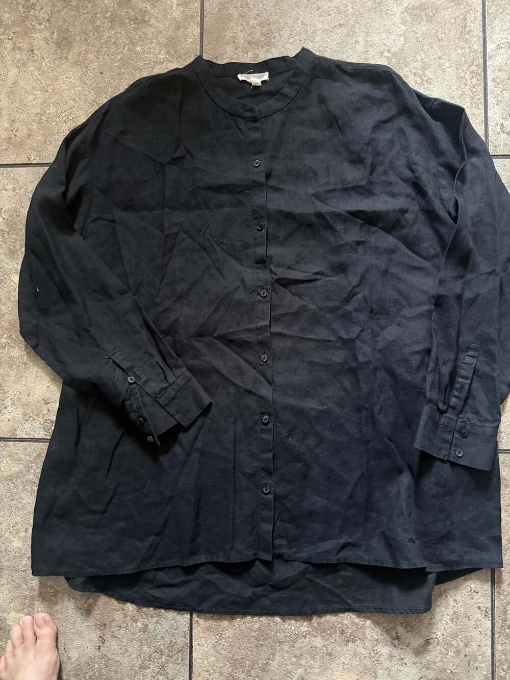 Eileen Fisher Black Organic Linen Banded Collar Button-Down Shirt Size M